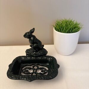 Very Dark Green Cast Iron Bunny Soap Dish - Decorative Home Bath Accessory